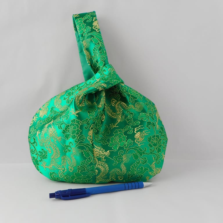 Emerald green satin brocade japanese Knot bag with Dragons