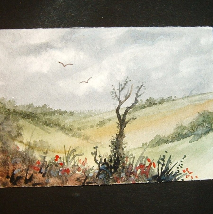 aceo SFA original miniature watercolour painting landscape country view
