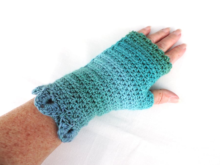 Fingerless Mitts with Dragon Scale Teal and Aqua