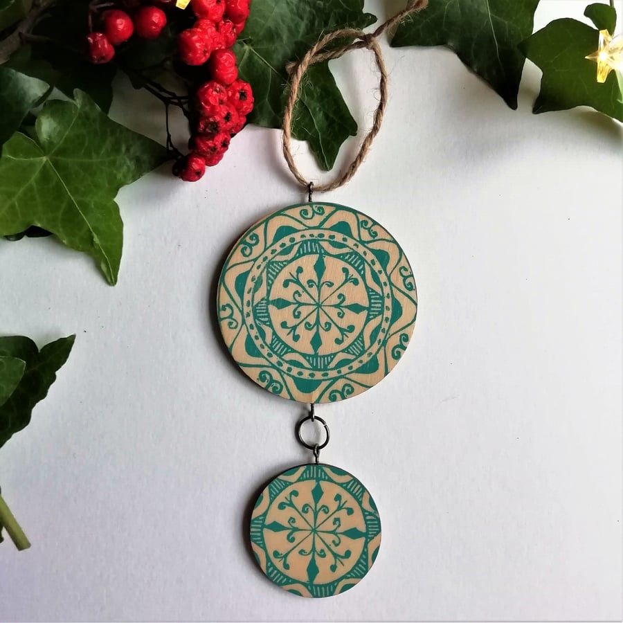 Handprinted Wooden Tree Decoration in Teal