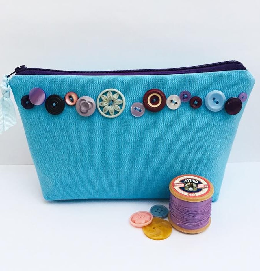Blue Canvas MakeUp Bag with Vintage Buttons