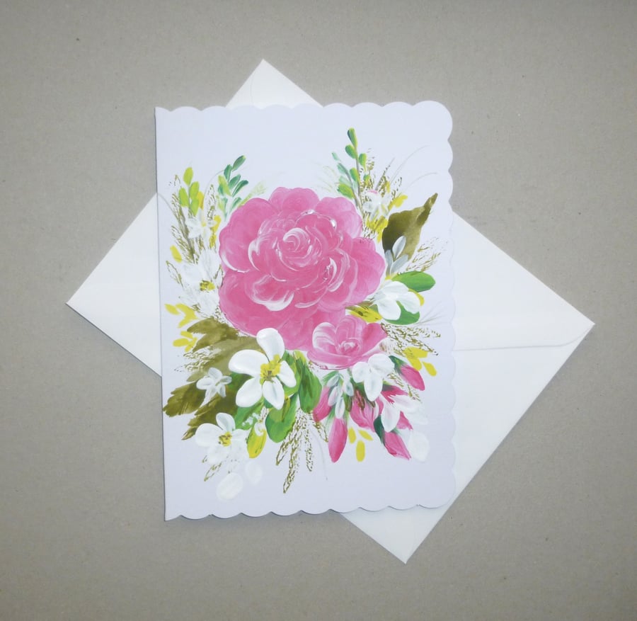 hand painted original art floral rose blank greetings card ( ref F 745 C2 )