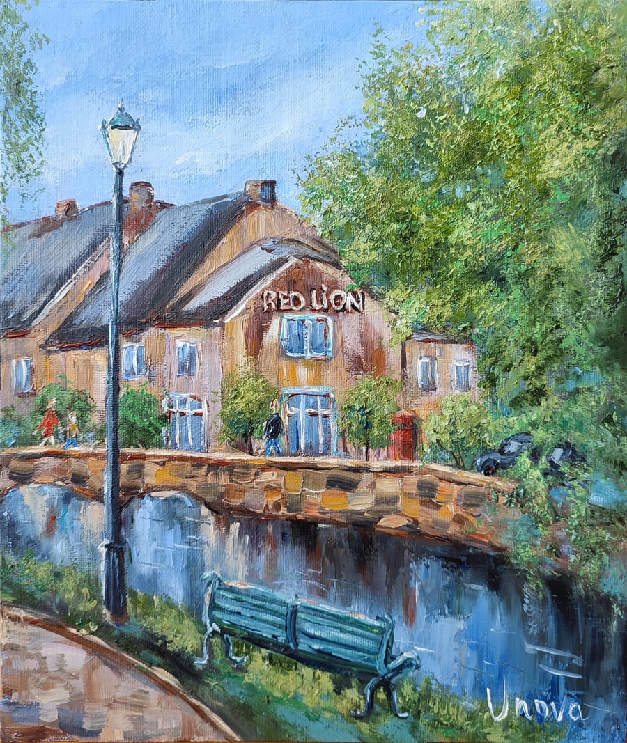 Original Oil Painting English Town Cityscape UK views Bridge Art gif Impasto oil