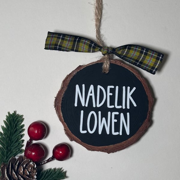Wooden Cornish Christmas Decoration, Nadelik Lowen, Cornish Tartan Ribbon