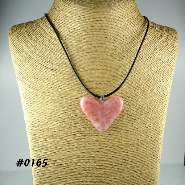 Pink handcrafted fused glass heart pendant on a black leather cord (0165)