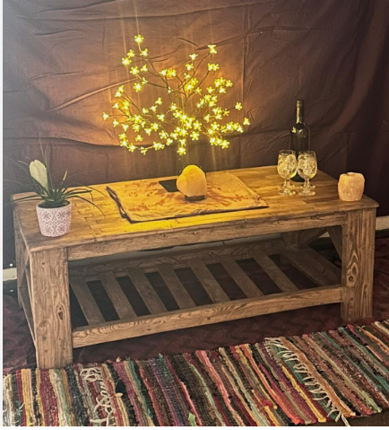 Coffee table, wood, handmade, solid pine, rustic. Farmhouse style, X-cross legs
