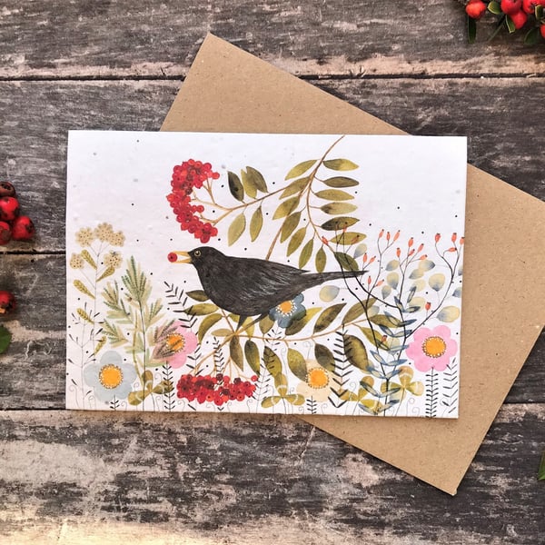 Plantable Seed Paper Birthday Card, Blank Inside, Black Bird greeting card