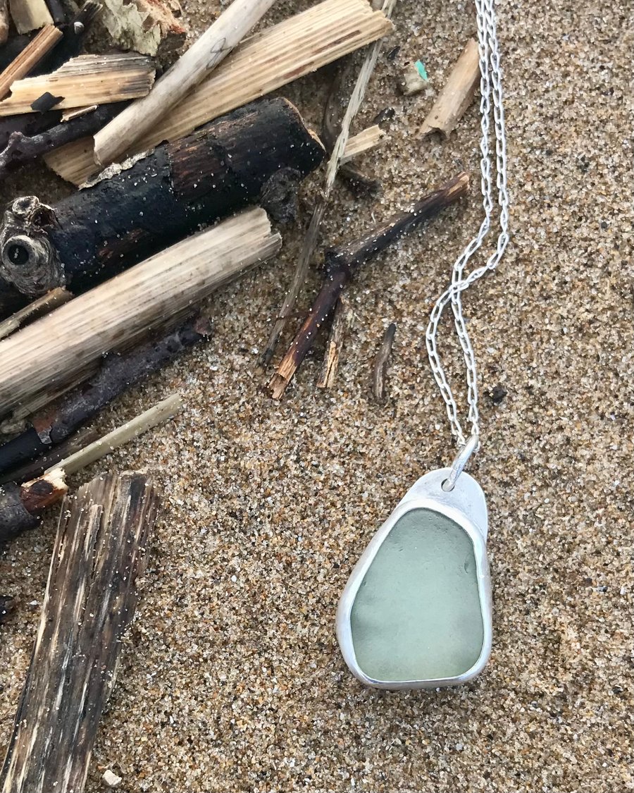 Handmade 925 Sterling Silver Pendant Necklace - Unique Jewellery Green Sea Glass