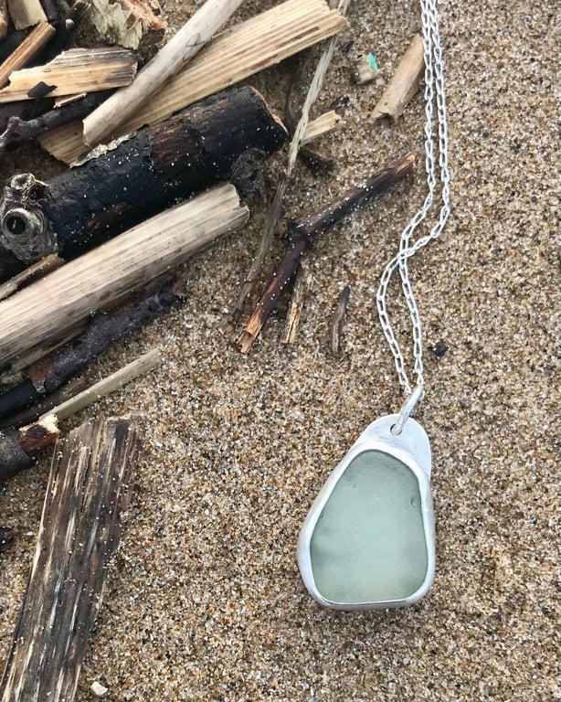 Handmade 925 Sterling Silver Pendant Necklace - Unique Jewellery Green Sea Glass