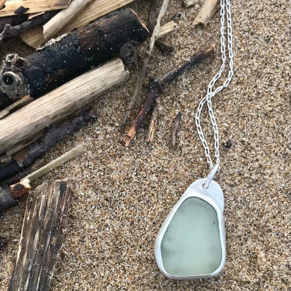 Handmade 925 Sterling Silver Pendant Necklace - Unique Jewellery Green Sea Glass