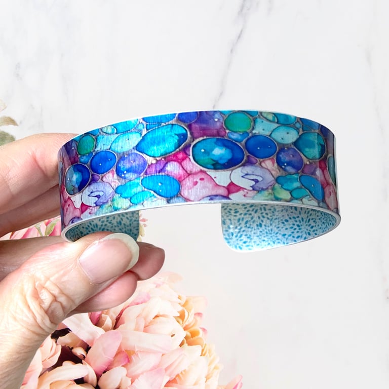 Abstract colourful bangle, blue, pink cuff bracelet. Can be personalised (838)