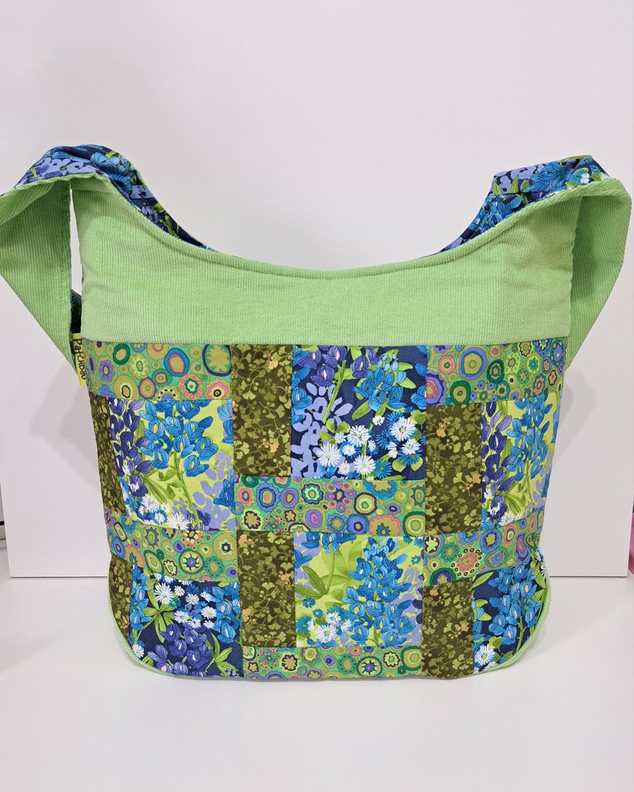 Big patchwork tote bag,blue and green flowers 