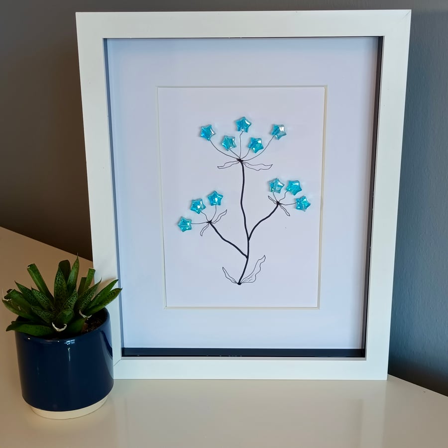 Turquoise Wild Flowers Dandelion 3D Framed Art 11"x 9" Recycled Materials
