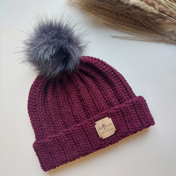 Ladies Burgundy Crochet Chunky Winter Beanie Hat