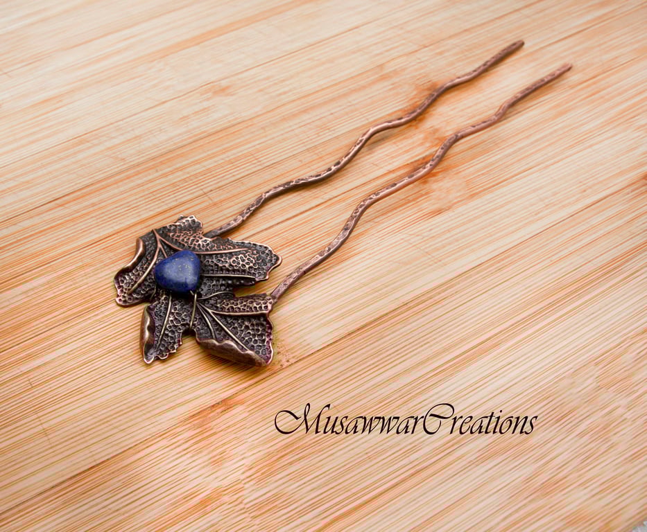 Vintage Antique Copper Leaf Hair Fork with Heart-Shaped Lapis Lazuli
