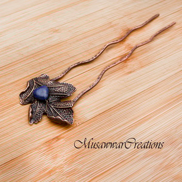 Vintage Antique Copper Leaf Hair Fork with Heart-Shaped Lapis Lazuli