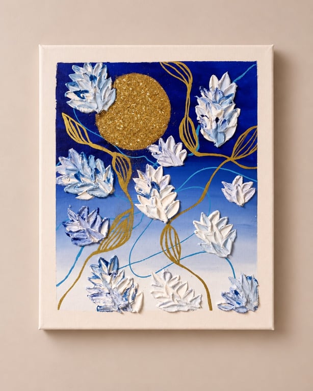 Original Textured Floral Canvas Painting – Blue Moon Blooms – Blue & Gold