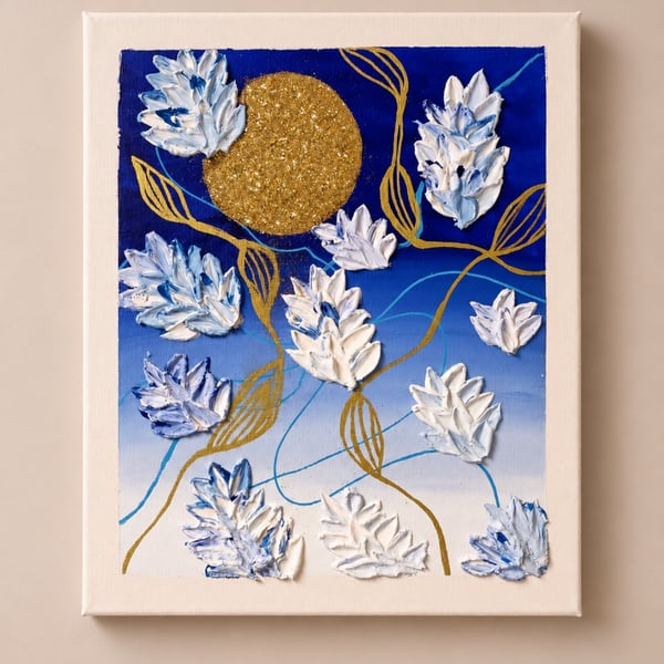 Original Textured Floral Canvas Painting – Blue Moon Blooms – Blue & Gold