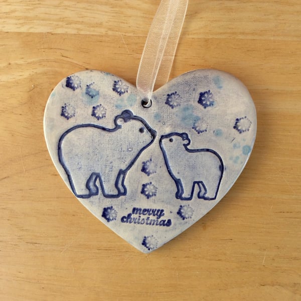 Polar bear hanging ornament, Blue ceramic home decor, 1LL