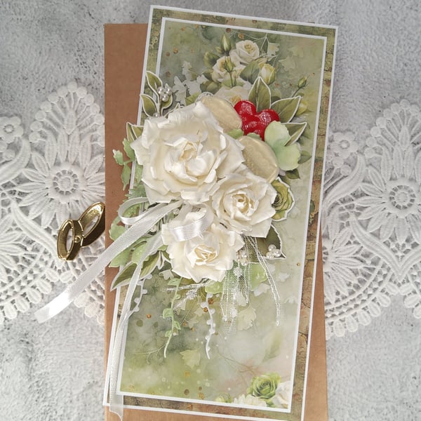 Luxury Handmade Wedding Card. Elegant 3D Floral Card in Kraft Window Box.(H)