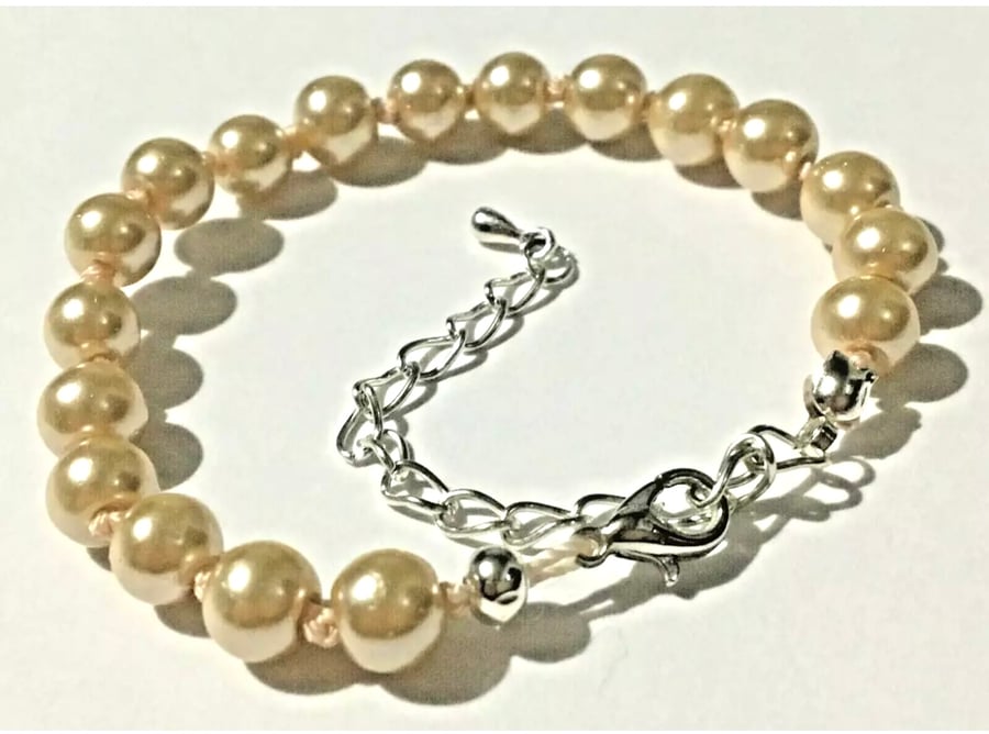  Hand Knotted Light Gold Colour Faux Pearl Bracelet. 6" Length.