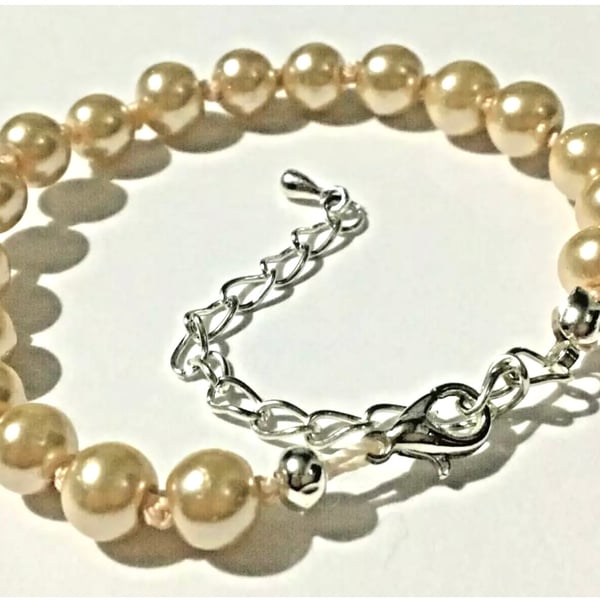  Hand Knotted Light Gold Colour Faux Pearl Bracelet. 6" Length.