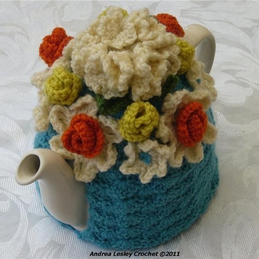 4-6 Cup Crochet Tea Cosy Cosie Cozy  - Blue with flowers (Made to order)