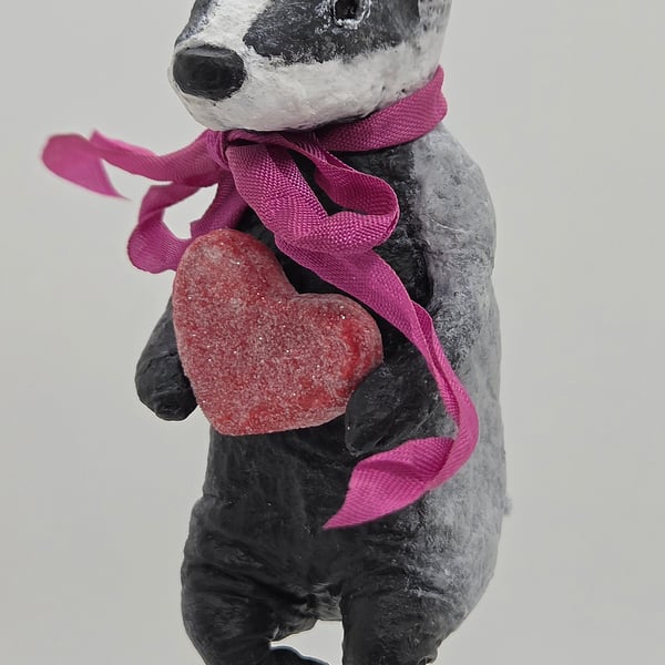 Adorable Spun Cotton Badger Valentine’s Ornament