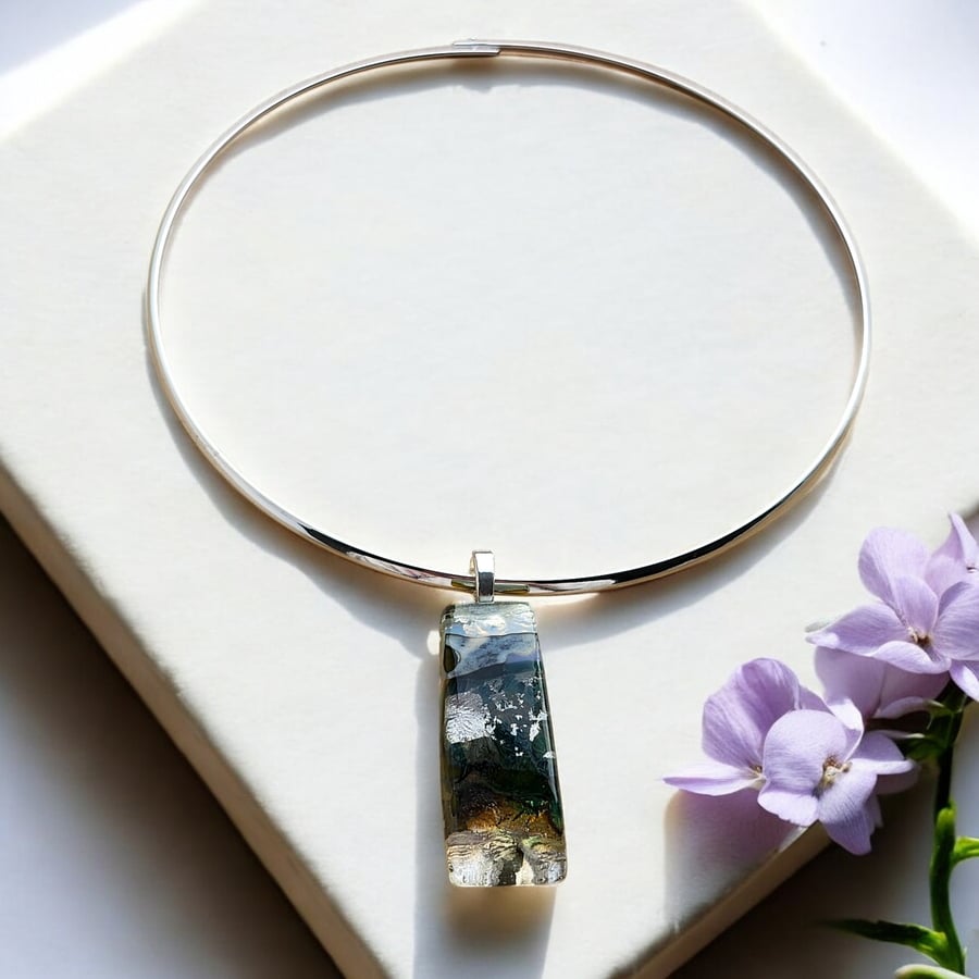 Fused Glass ‘Rugged Mountains’ Necklace, Pendant Silver Leaf