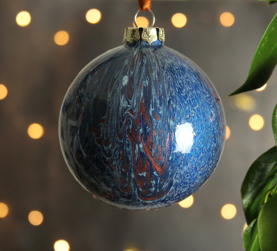 Metallic blue copper and white ceramic Christmas decoration bauble