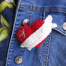 Valentines red love-heart crochet brooch