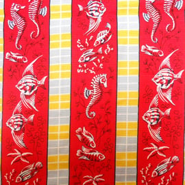 50s 60s  RED Seaside Fish Seahorse Shell Vintage fabric Lampshade option 