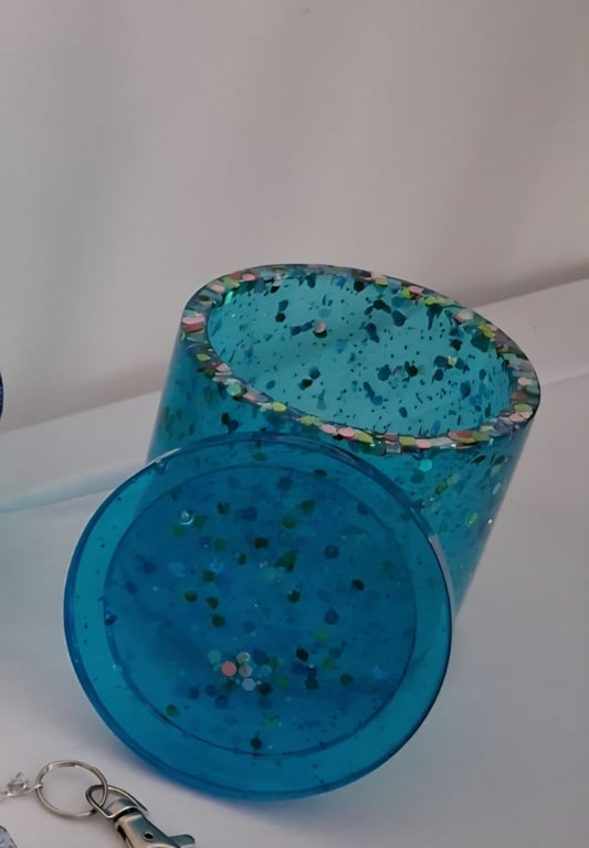 Handmade blue glitter epoxy resin decorative pot with lid.