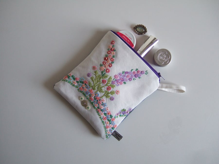 Make up bag, purse or pouch with floral vintage embroidery