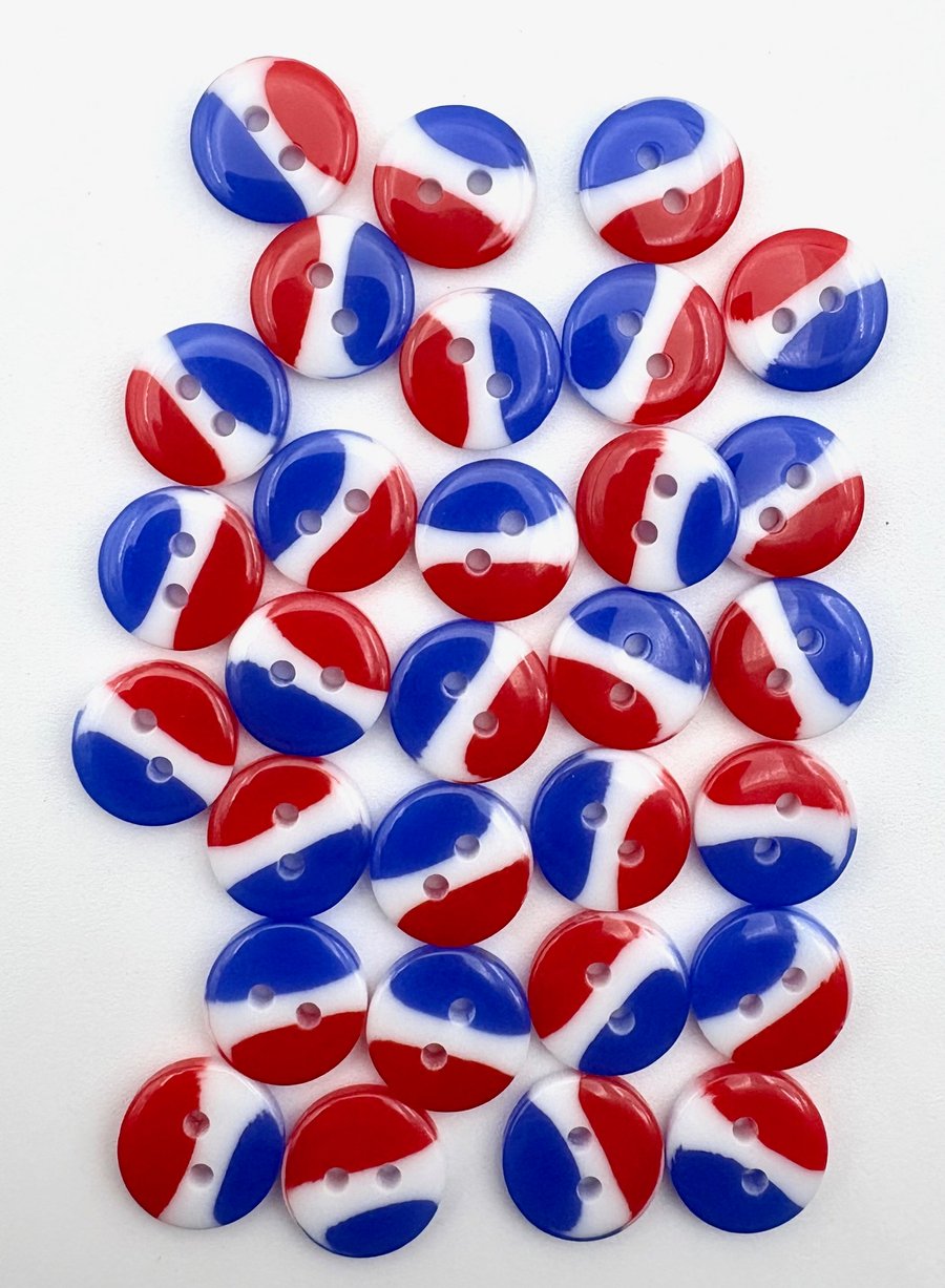 30 Red, White and Blue 13mm Smartie Buttons, Glossy, Multicoloured