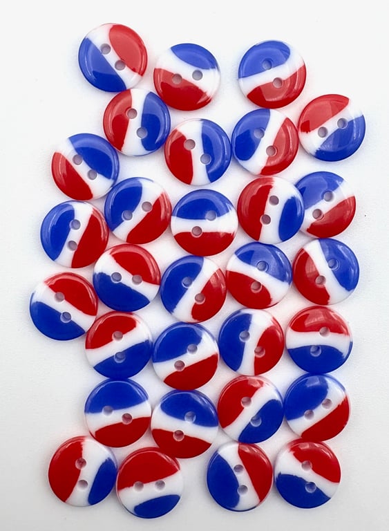 30 Red, White and Blue 13mm Smartie Buttons, Glossy, Multicoloured