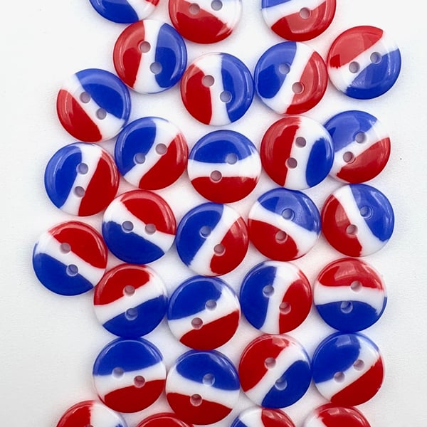 30 Red, White and Blue 13mm Smartie Buttons, Glossy, Multicoloured