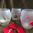 Handcrafted Frosted Tealight Holder with Natural Dried Pressed Flowers