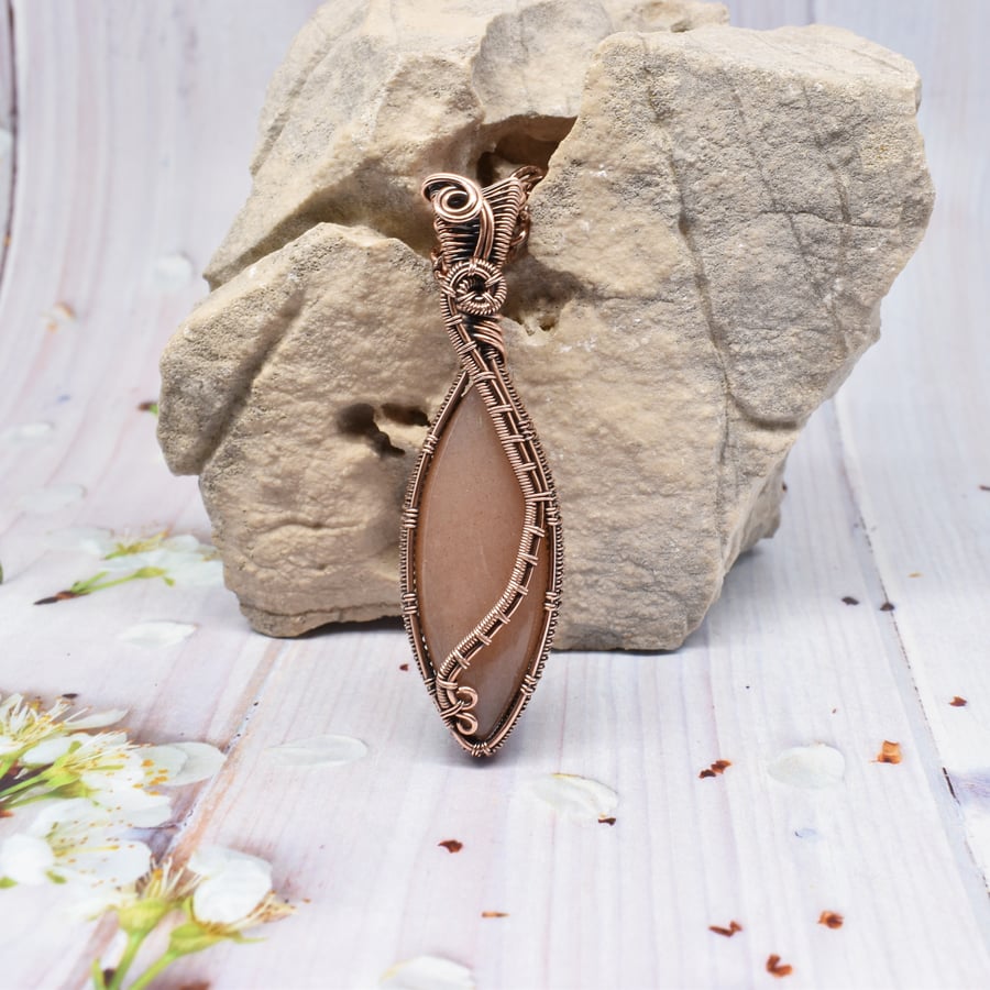 Peach Moonstone and Copper Wire Wrapped Statement Pendant