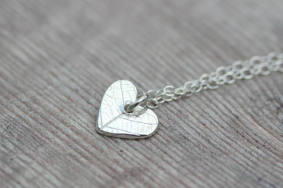 Small Silver Heart Pendant with Leaf Pattern