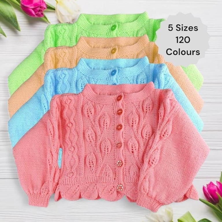 Hand Knitted Girls Cardigan, Leaf & Cable Pattern, Made to Order, 1-10 Years