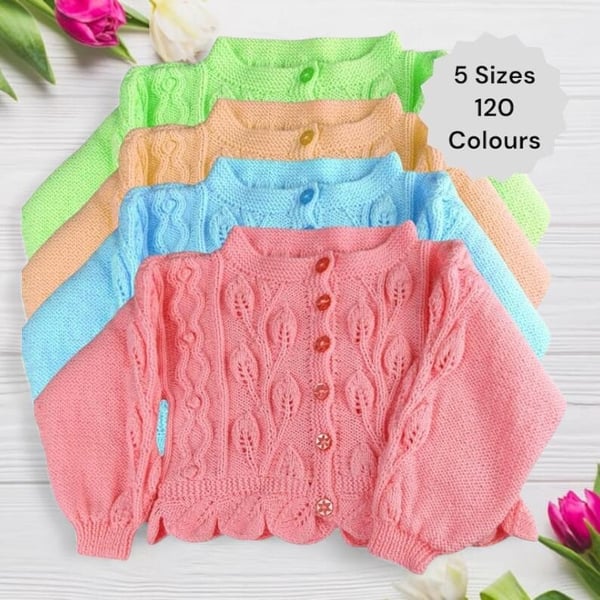 Hand Knitted Girls Cardigan, Leaf & Cable Pattern, Made to Order, 1-10 Years
