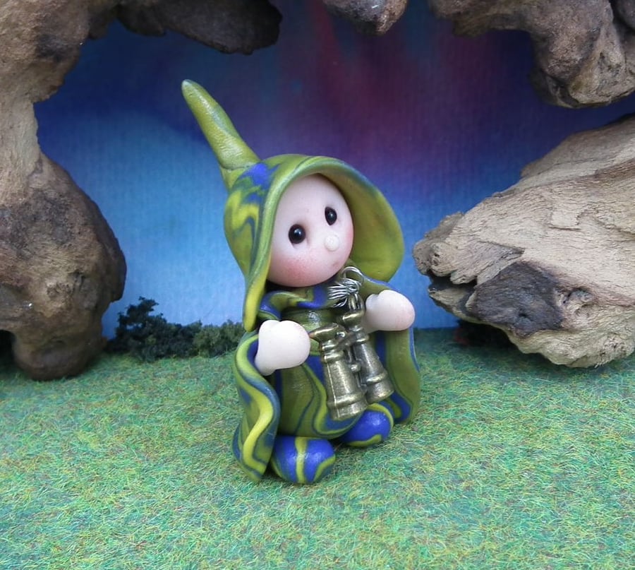 Tiny Bird Watcher Gnome 'Ted' 1.5" with binoculars OOAK Sculpt by Ann Galvin