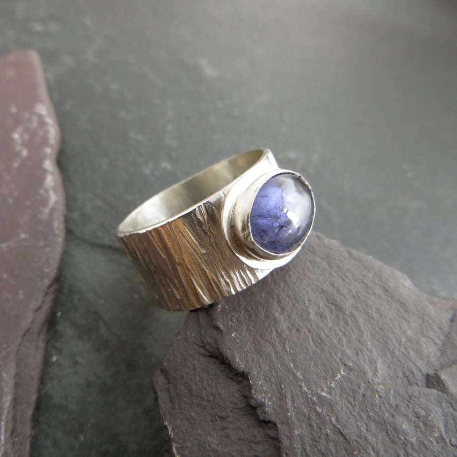 Sterling Silver and Iolite Wide Band Ring, Tree Bark Texture, Size R