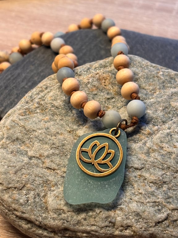 Necklace. Seaglass with Bronze Lotus Flower Charm, Wooden and Amazonite Beads
