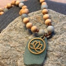 Necklace. Seaglass with Bronze Lotus Flower Charm, Wooden and Amazonite Beads