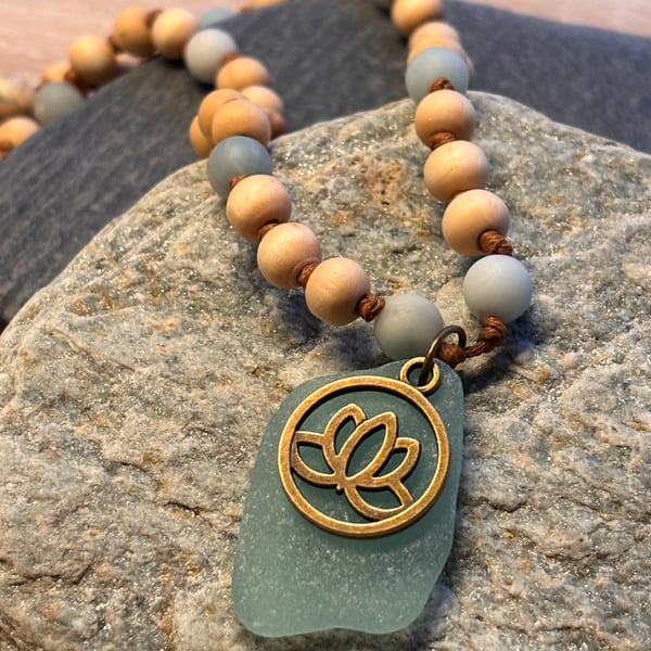 Necklace. Seaglass with Bronze Lotus Flower Charm, Wooden and Amazonite Beads