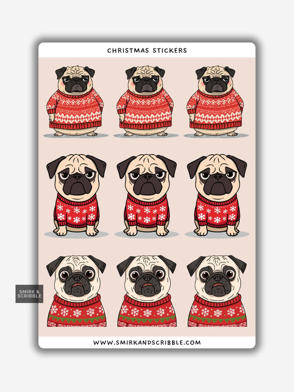 Funny Vinyl Sticker Sheet For Adults - Festive Xmas Pug Dogs