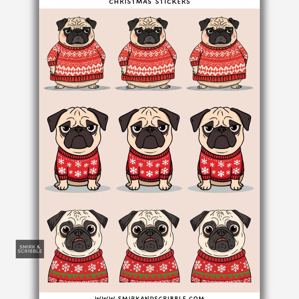 Funny Vinyl Sticker Sheet For Adults - Festive Xmas Pug Dogs
