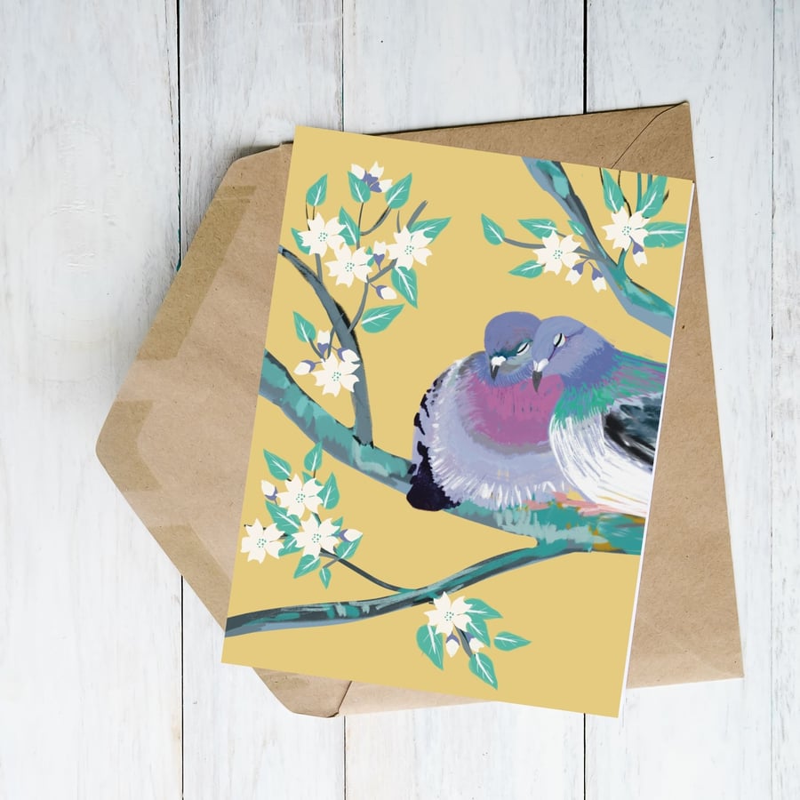 Blank card garden bird card pigeon and blossoms